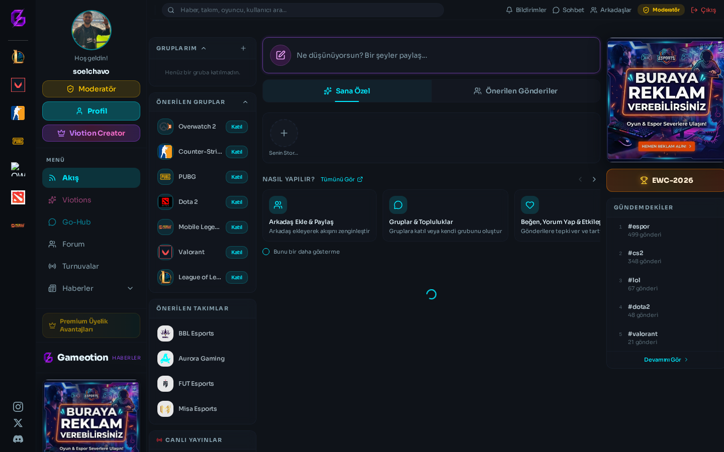 Gameotion akış sayfasının işaretlenmiş ekran görüntüsü